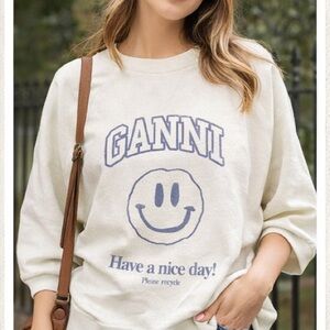 Ganni Cream Crewneck Sweater with Blue Smiley Graphic